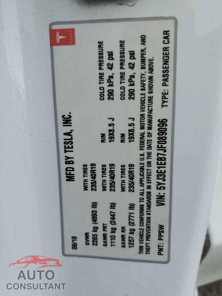 TESLA MODEL 3 2018 - 5YJ3E1EB7JF089096
