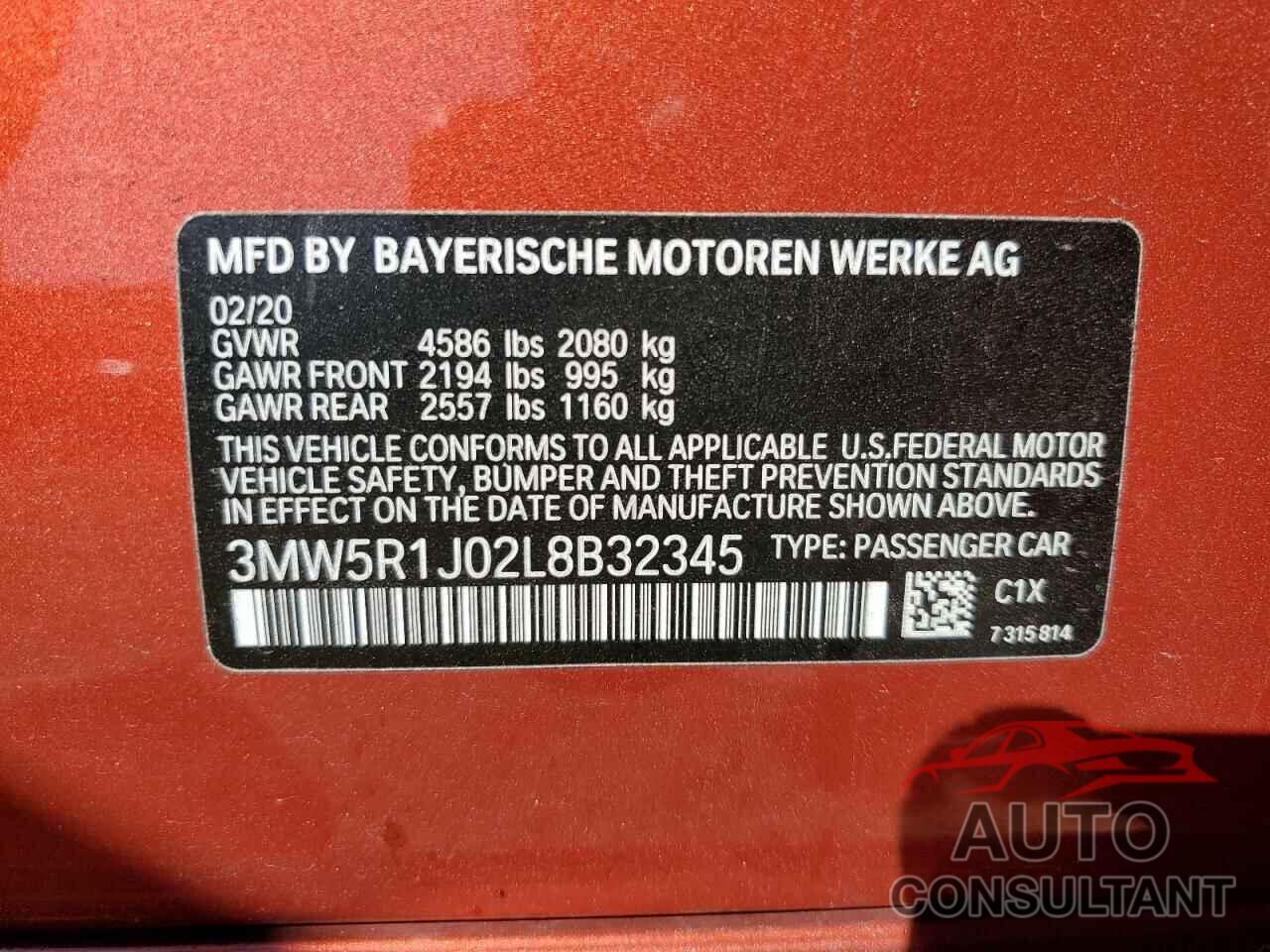 BMW 3 SERIES 2020 - 3MW5R1J02L8B32345