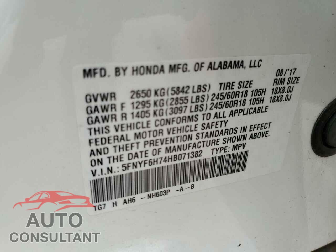HONDA PILOT 2017 - 5FNYF6H74HB071382