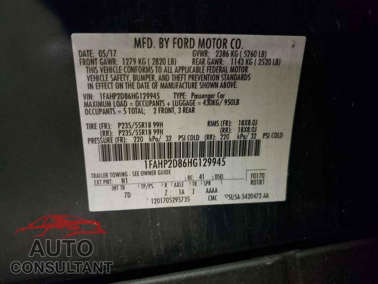 FORD TAURUS 2017 - 1FAHP2D86HG129945