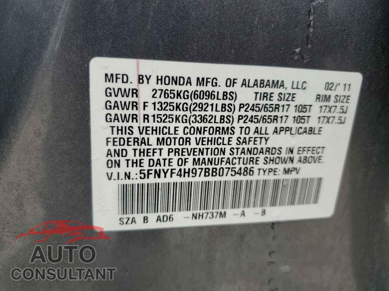 HONDA PILOT 2011 - 5FNYF4H97BB075486