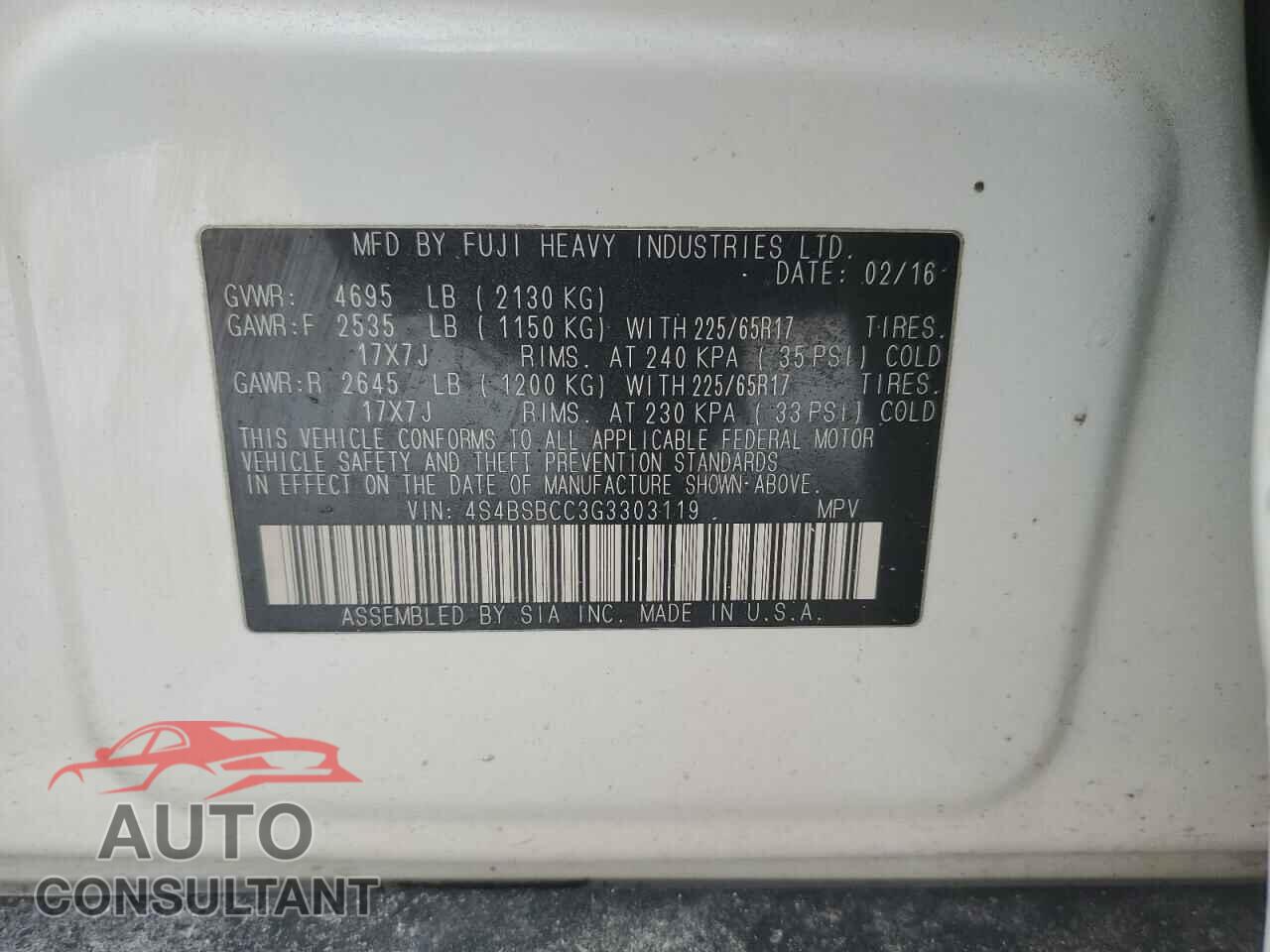 SUBARU OUTBACK 2016 - 4S4BSBCC3G3303119
