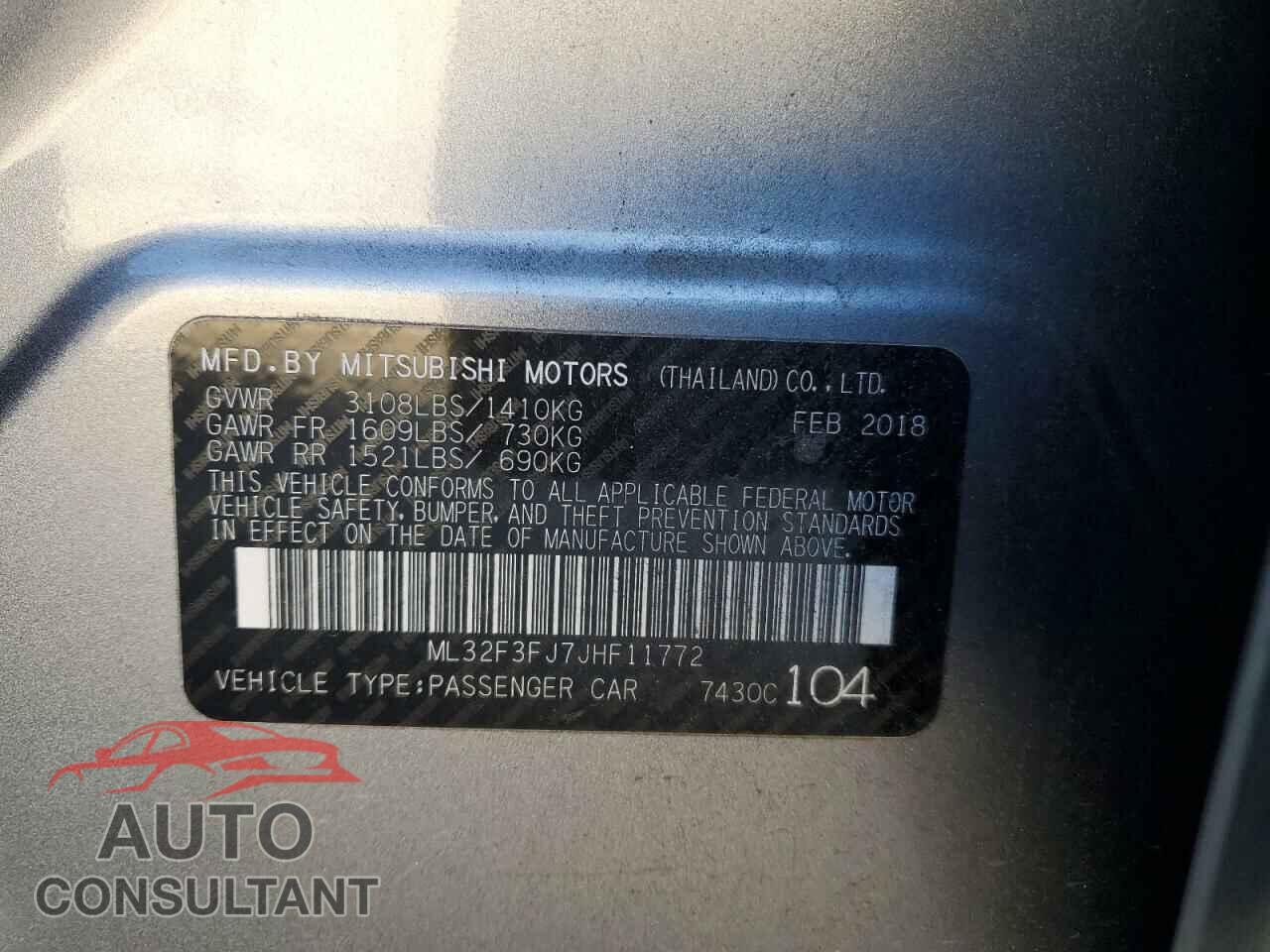MITSUBISHI MIRAGE 2018 - ML32F3FJ7JHF11772