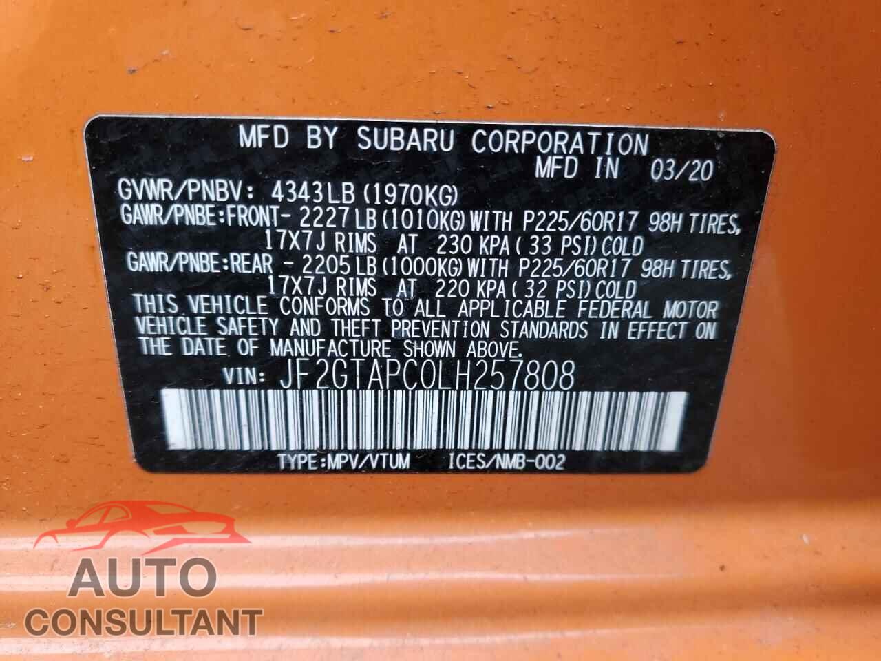 SUBARU CROSSTREK 2020 - JF2GTAPC0LH257808
