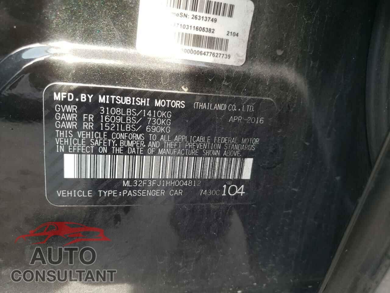 MITSUBISHI MIRAGE 2017 - ML32F3FJ1HH004812