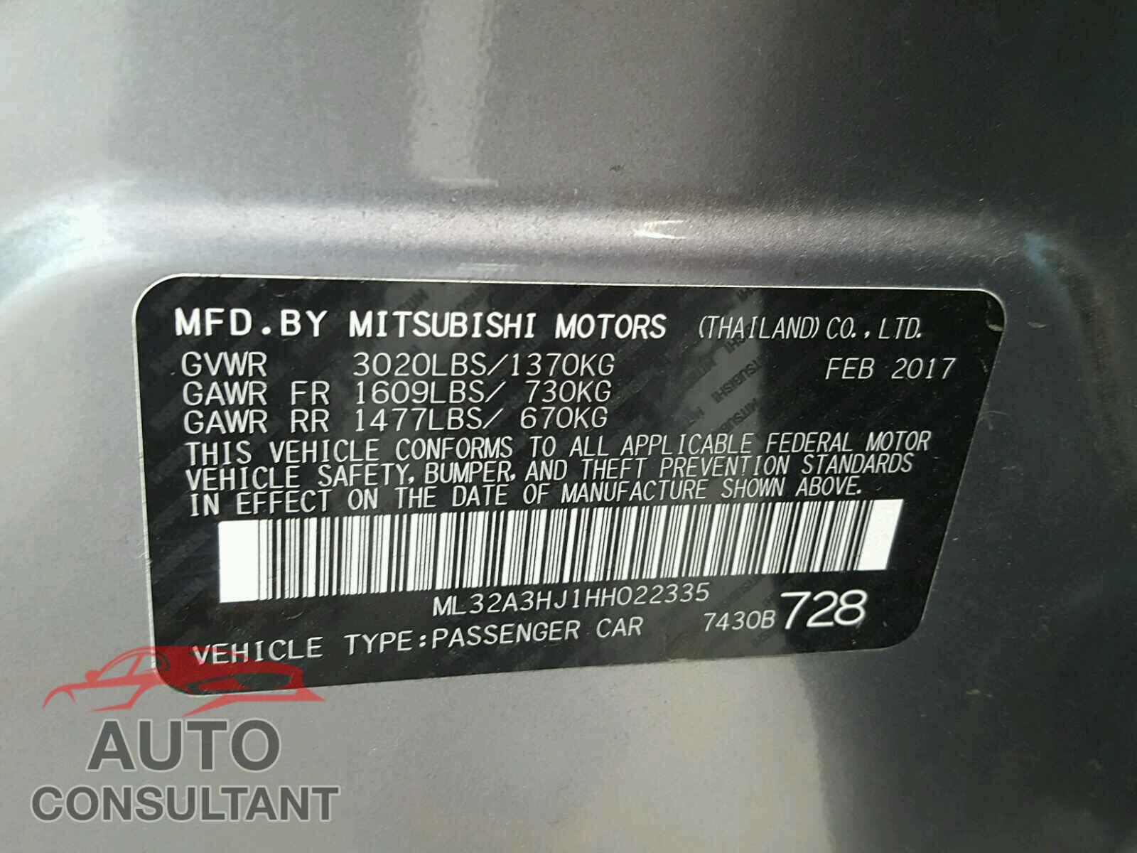 MITSUBISHI MIRAGE 2017 - ML32A3HJ1HH022335