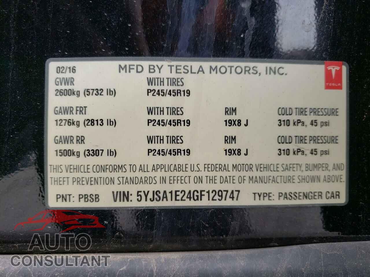 TESLA MODEL S 2016 - 5YJSA1E24GF129747