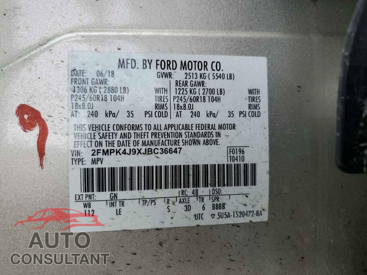 FORD EDGE 2018 - 2FMPK4J9XJBC36647
