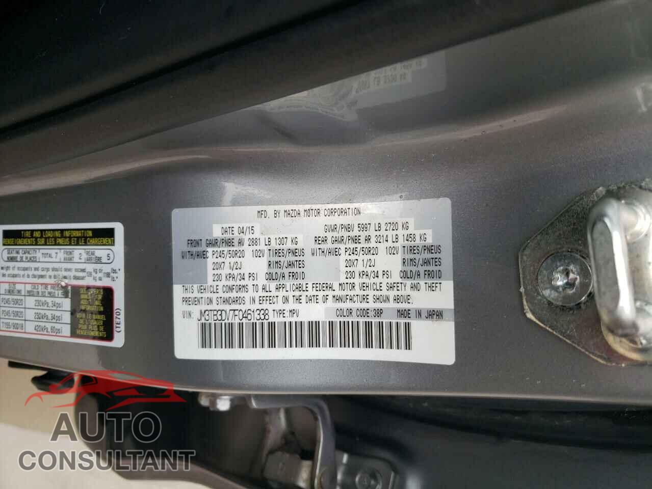MAZDA CX-9 2015 - JM3TB3DV7F0461338