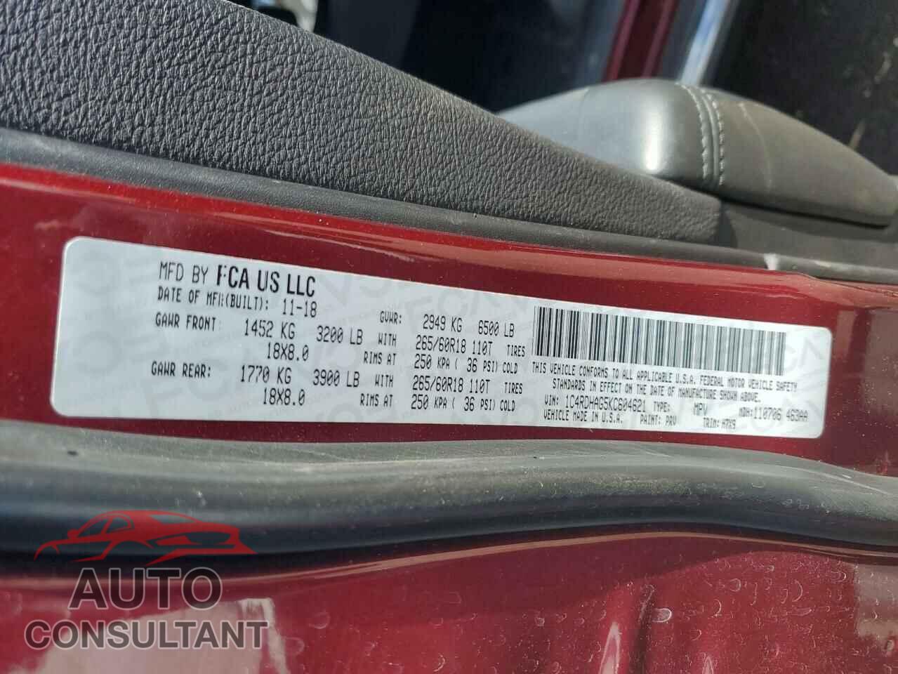 DODGE DURANGO 2019 - 1C4RDHAG5KC604621