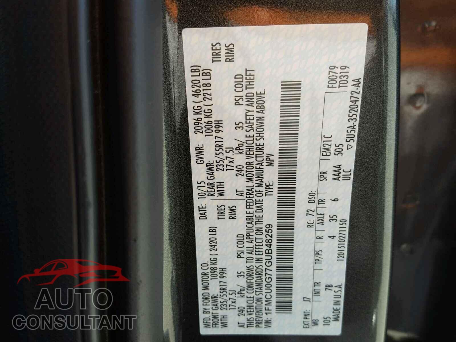 FORD ESCAPE SE 2016 - 1FMCU0G77GUB48259
