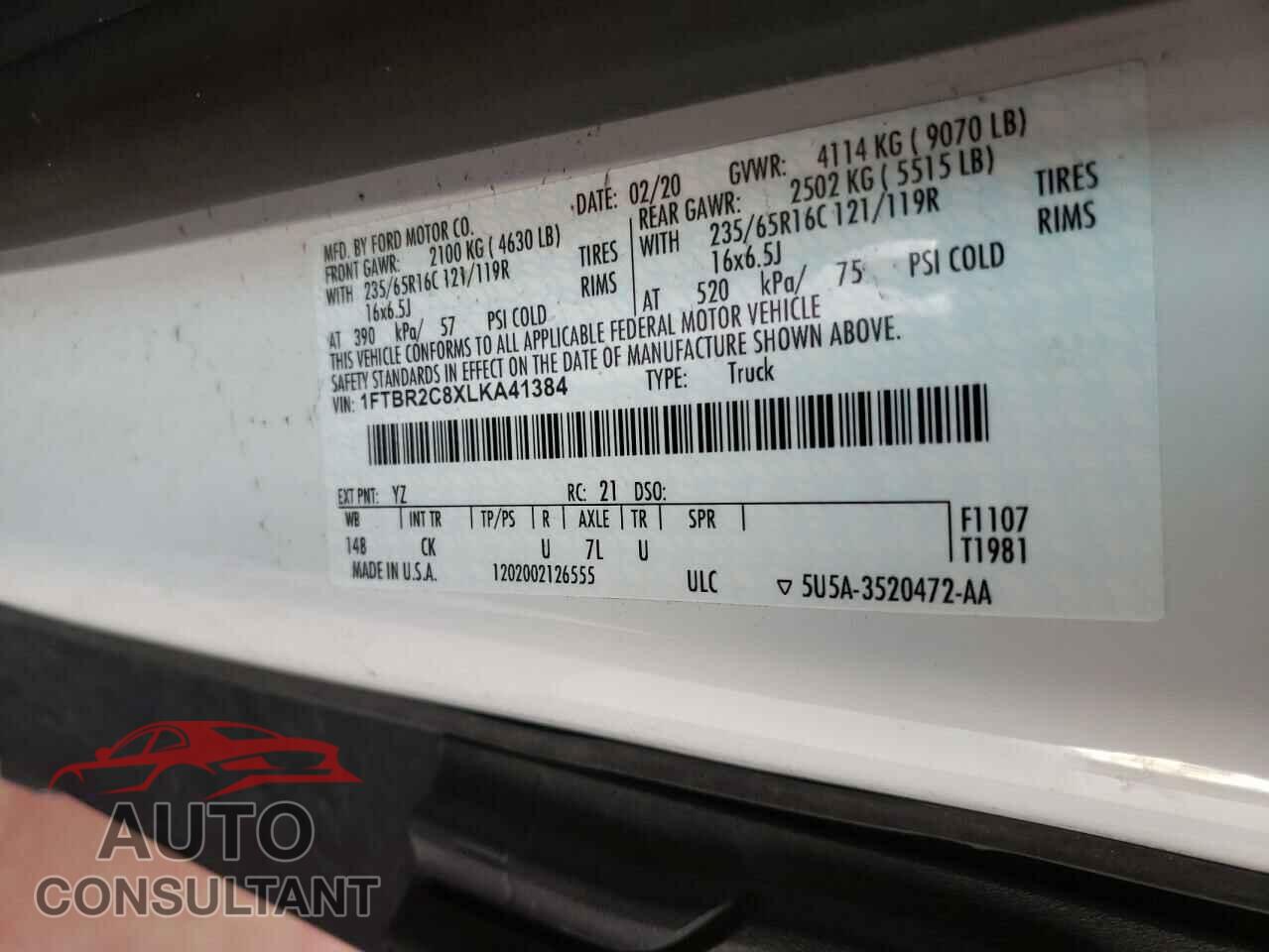 FORD TRANSIT CO 2020 - 1FTBR2C8XLKA41384