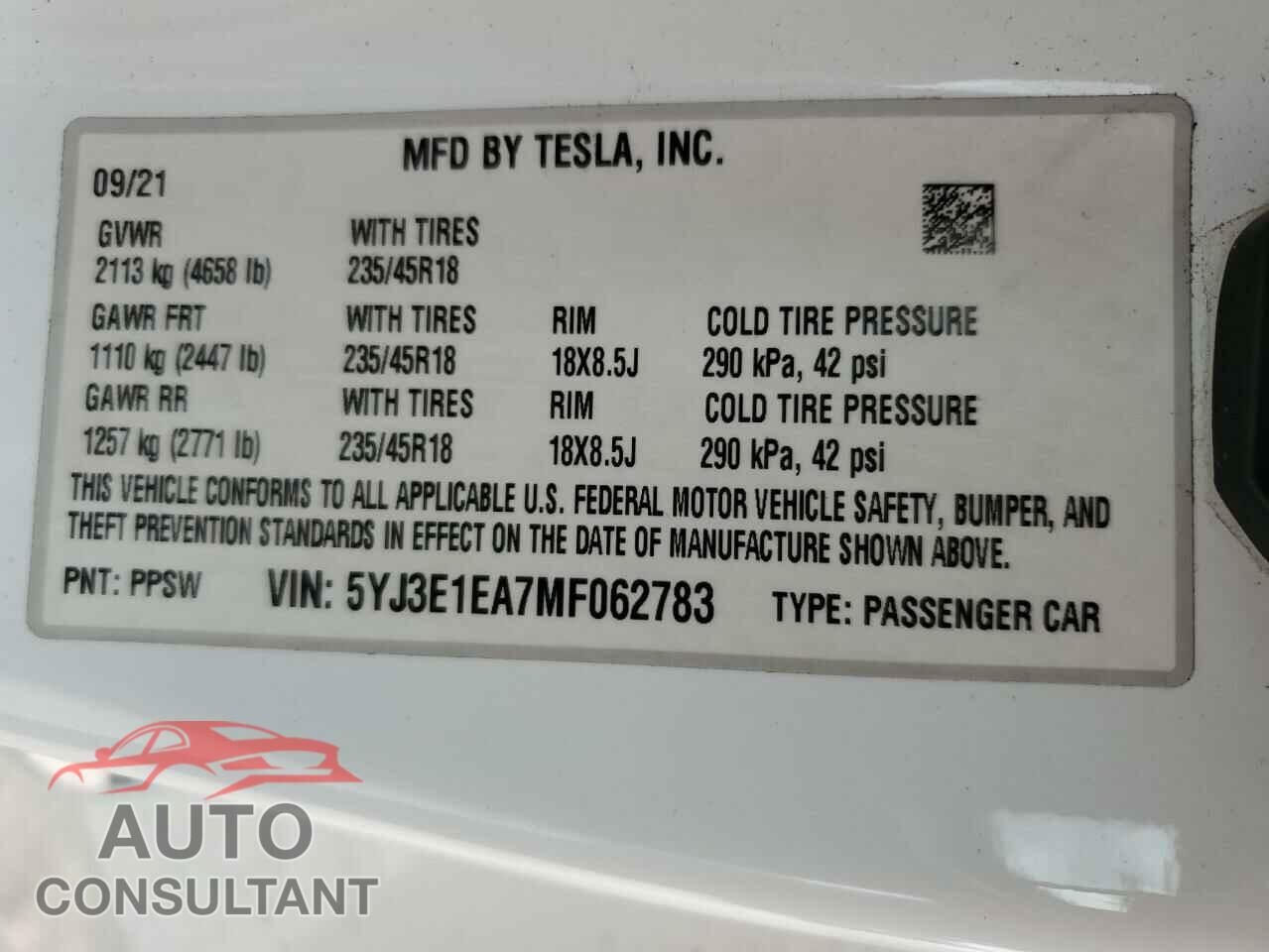 TESLA MODEL 3 2021 - 5YJ3E1EA7MF062783