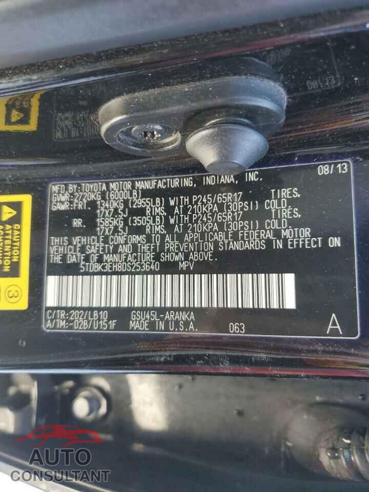 TOYOTA HIGHLANDER 2013 - 5TDBK3EH8DS253640
