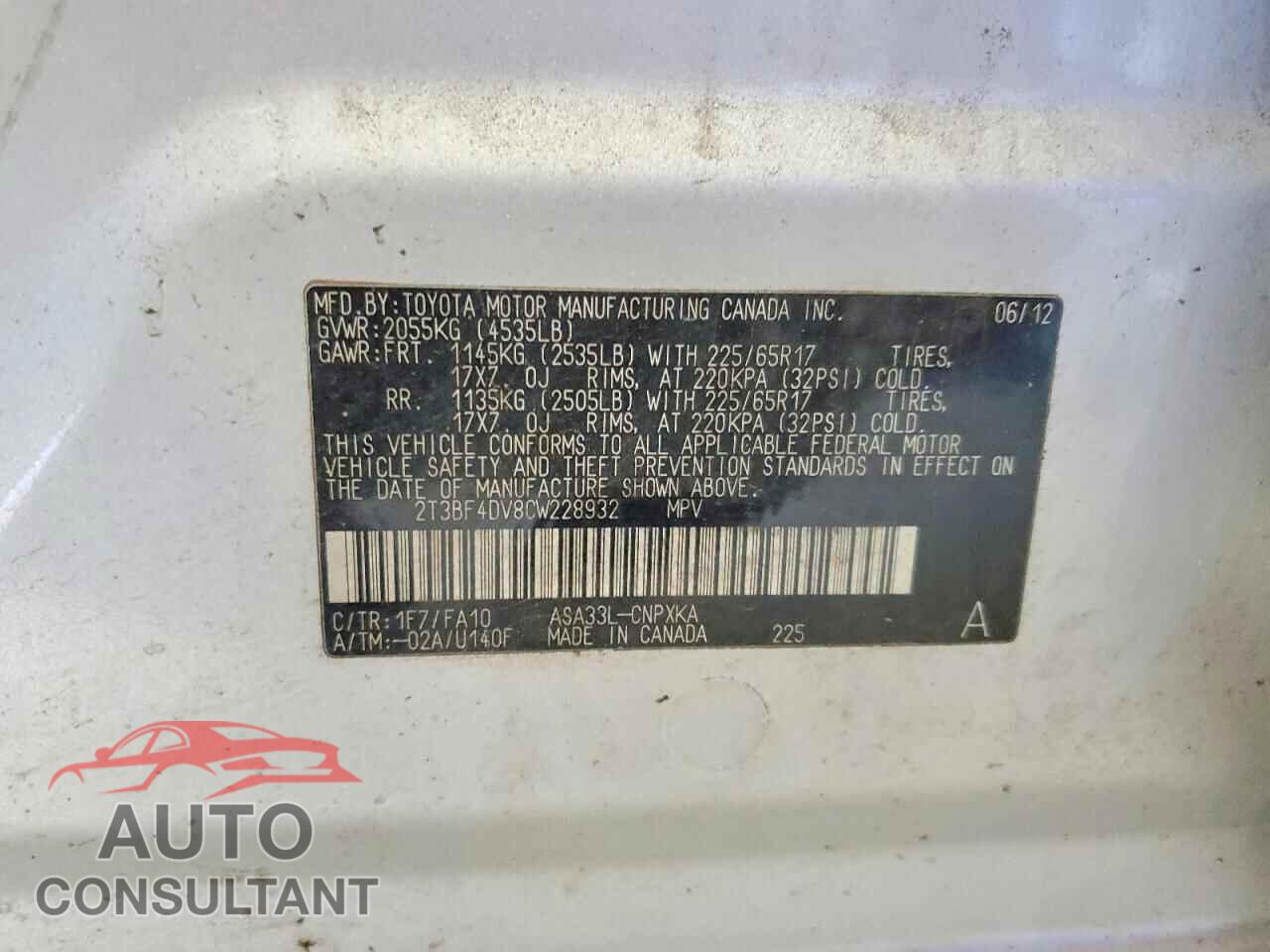 TOYOTA RAV4 2012 - 2T3BF4DV8CW228932