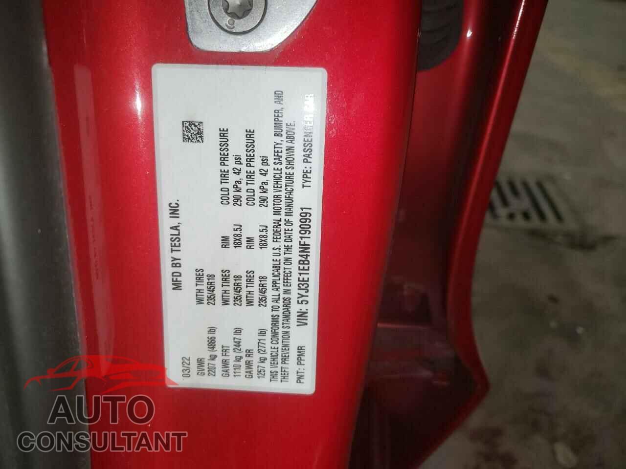 TESLA MODEL 3 2022 - 5YJ3E1EB4NF190991
