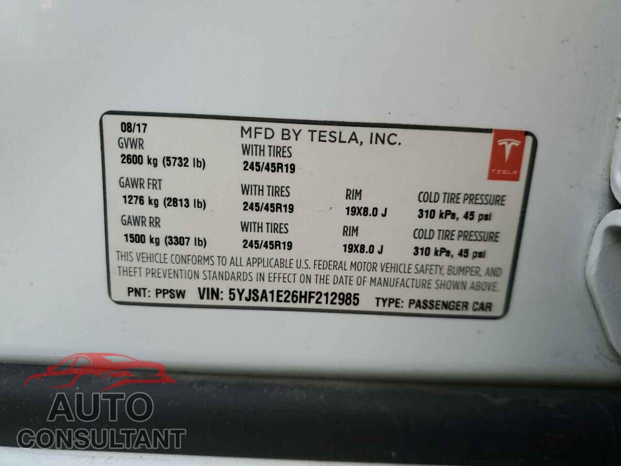 TESLA MODEL S 2017 - 5YJSA1E26HF212985