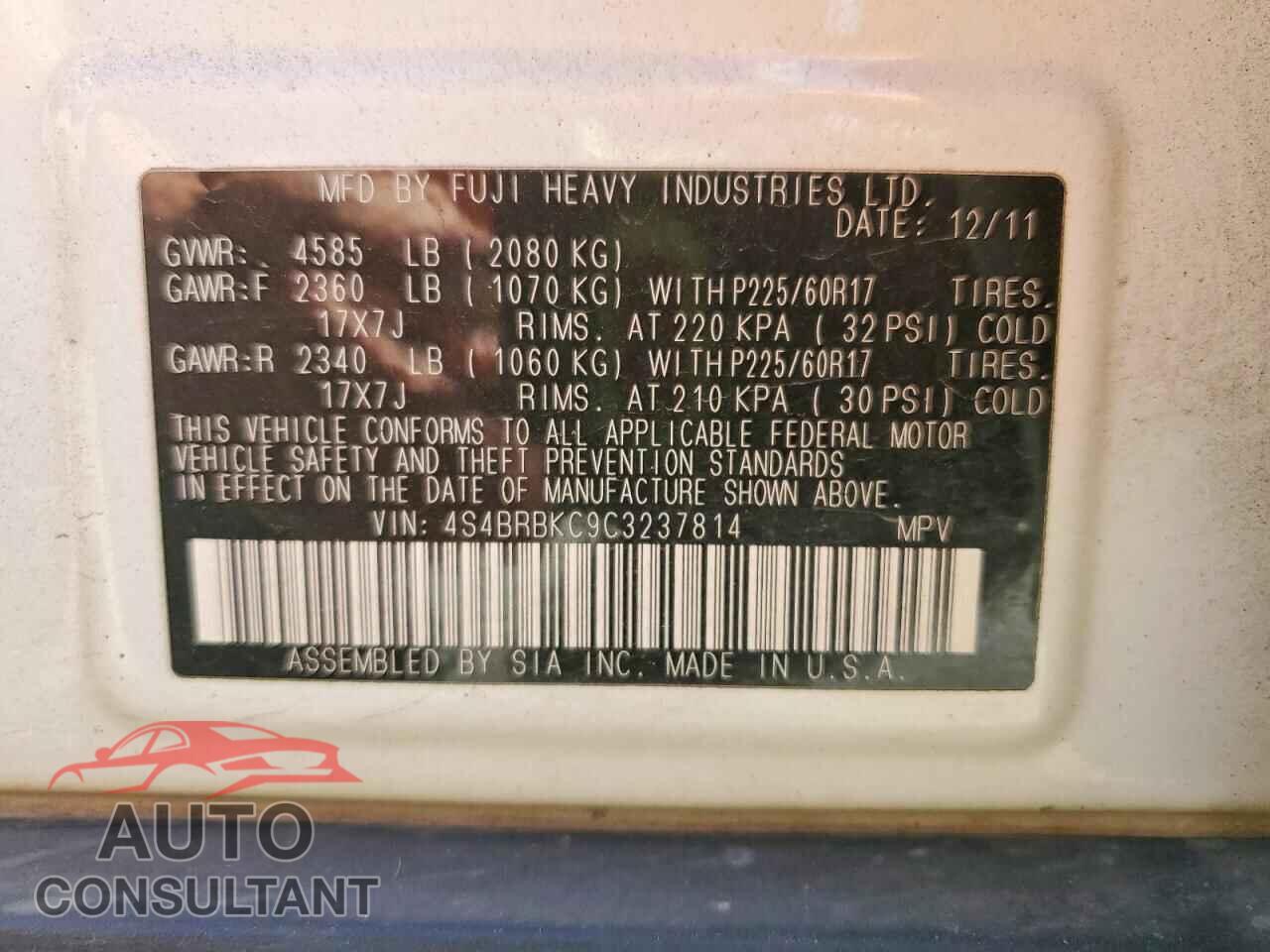 SUBARU OUTBACK 2012 - 4S4BRBKC9C3237814