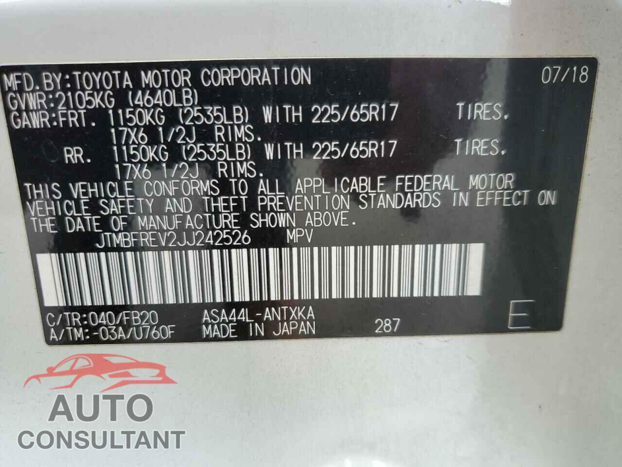 TOYOTA RAV4 2018 - JTMBFREV2JJ242526