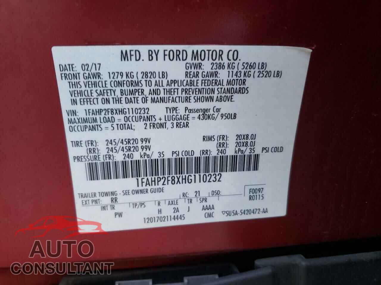 FORD TAURUS 2017 - 1FAHP2F8XHG110232