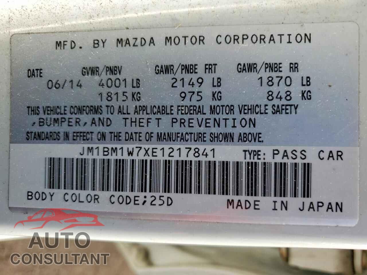 MAZDA 3 2014 - JM1BM1W7XE1217841