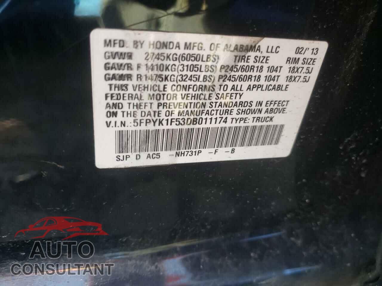 HONDA RIDGELINE 2013 - 5FPYK1F53DB011174
