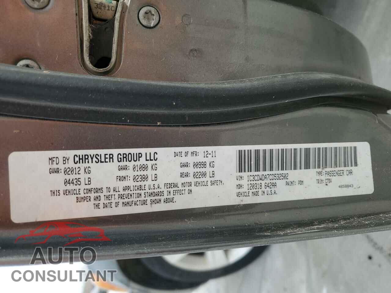 DODGE CALIBER 2012 - 1C3CDWDA7CD532502