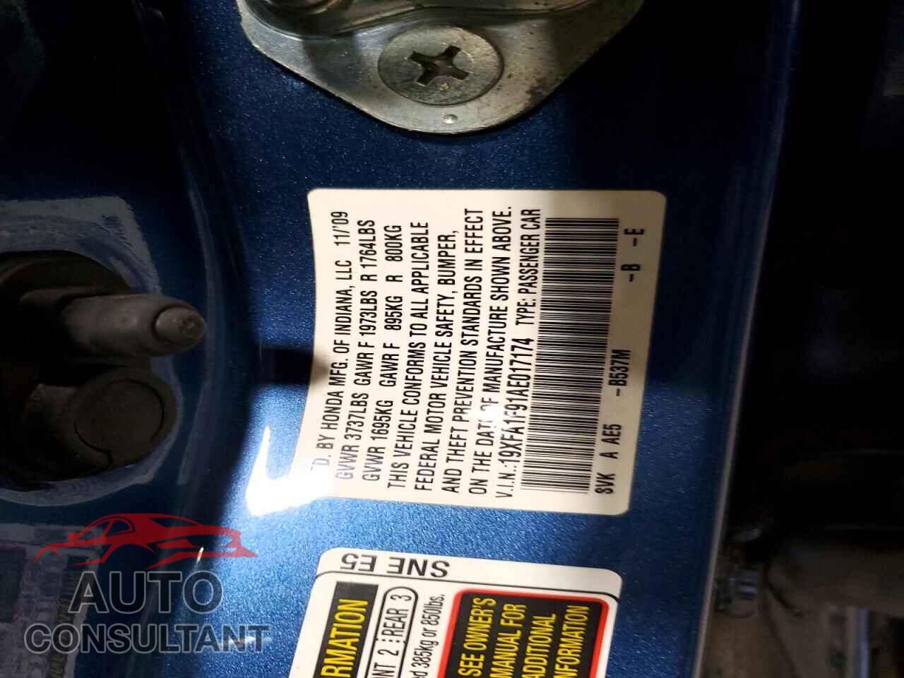 HONDA CIVIC 2010 - 19XFA1F91AE017174