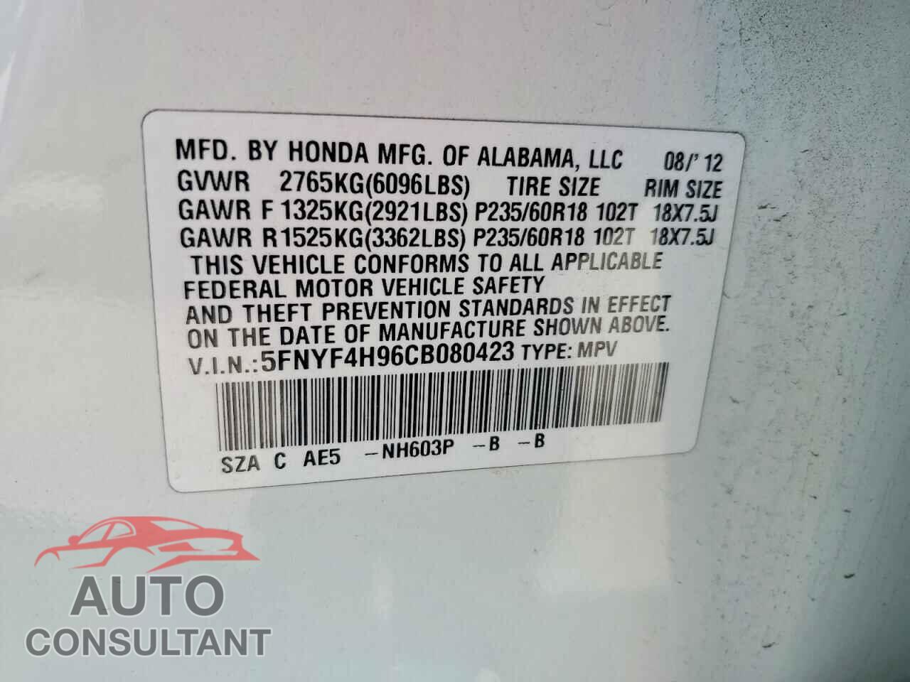 HONDA PILOT 2012 - 5FNYF4H96CB080423