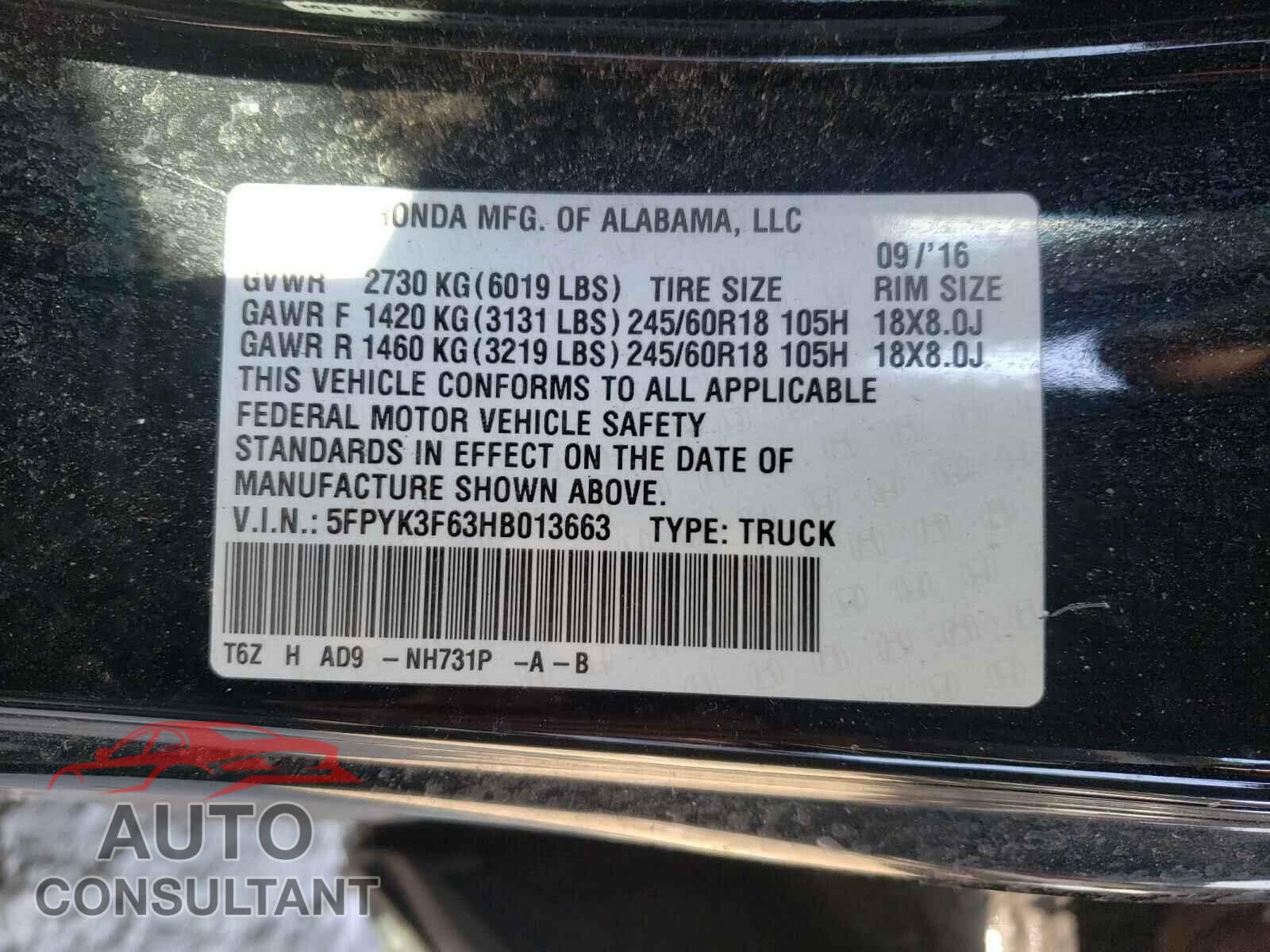 HONDA RIDGELINE 2017 - 5FPYK3F63HB013663
