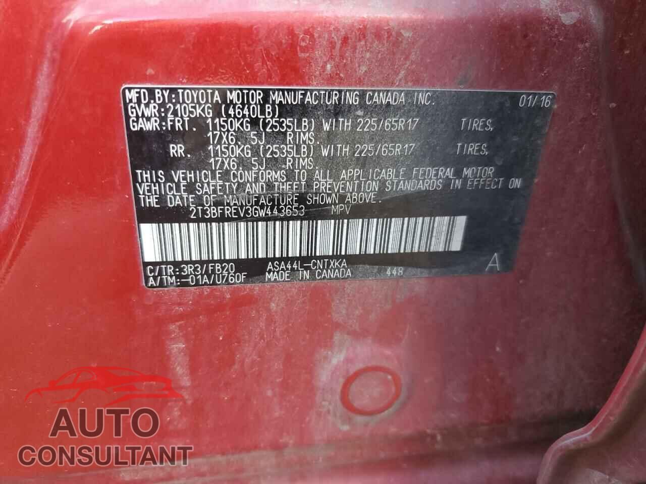TOYOTA RAV4 2016 - 2T3BFREV3GW443653