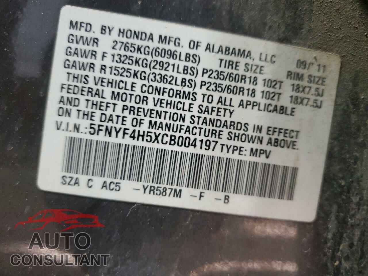 HONDA PILOT 2012 - 5FNYF4H5XCB004197