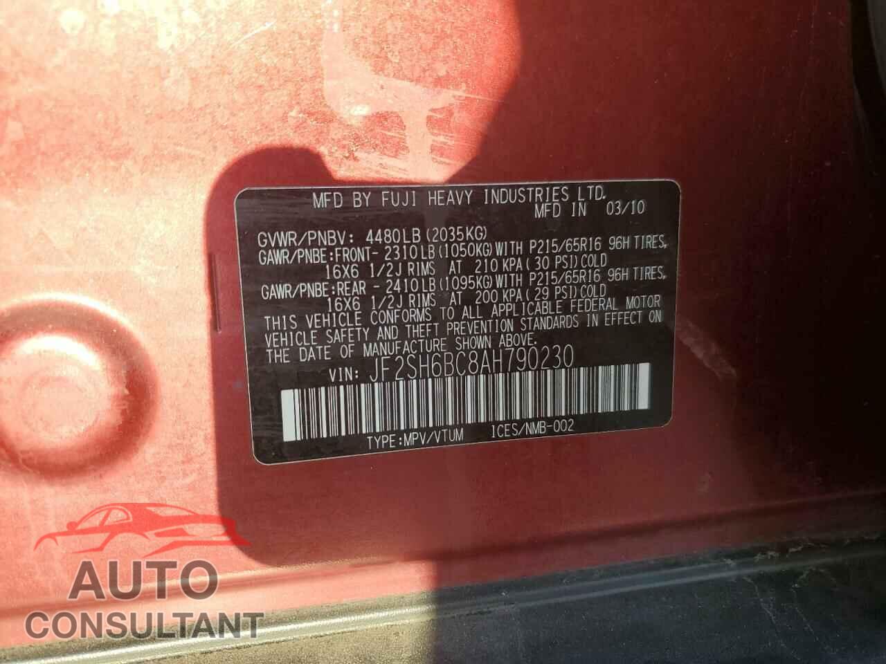 SUBARU FORESTER 2010 - JF2SH6BC8AH790230