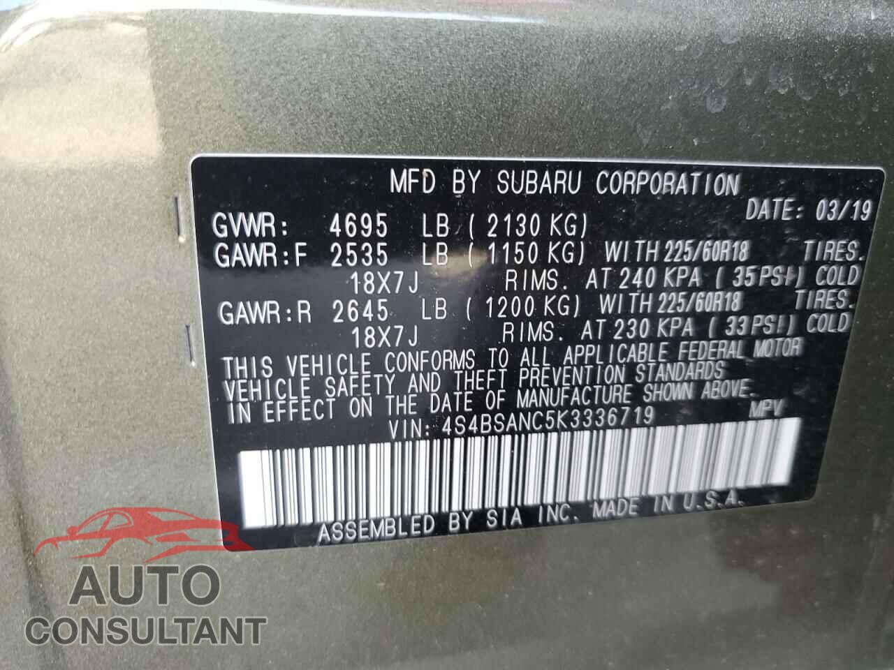 SUBARU OUTBACK 2019 - 4S4BSANC5K3336719