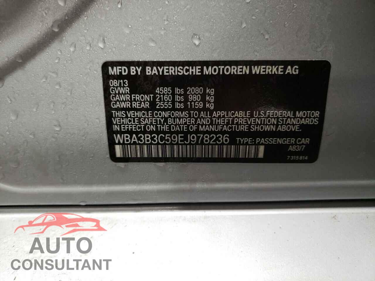 BMW 3 SERIES 2014 - WBA3B3C59EJ978236