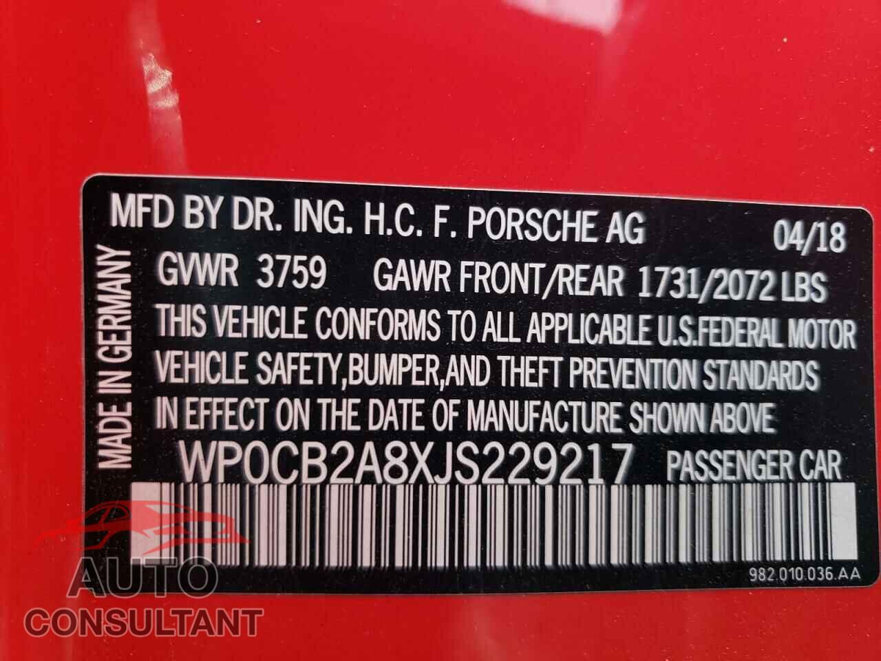 PORSCHE BOXSTER 2018 - WP0CB2A8XJS229217