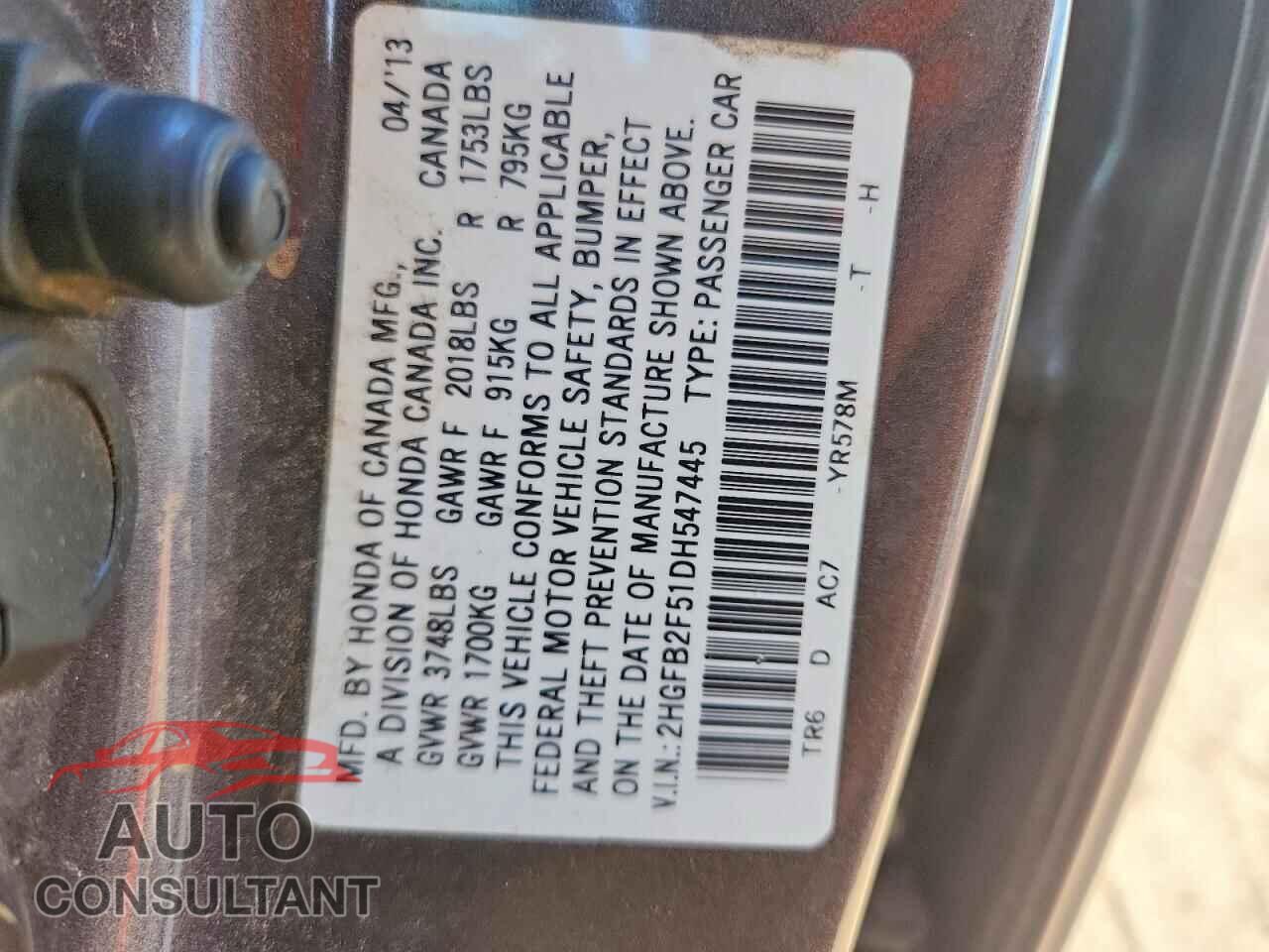 HONDA CIVIC 2013 - 2HGFB2F51DH547445