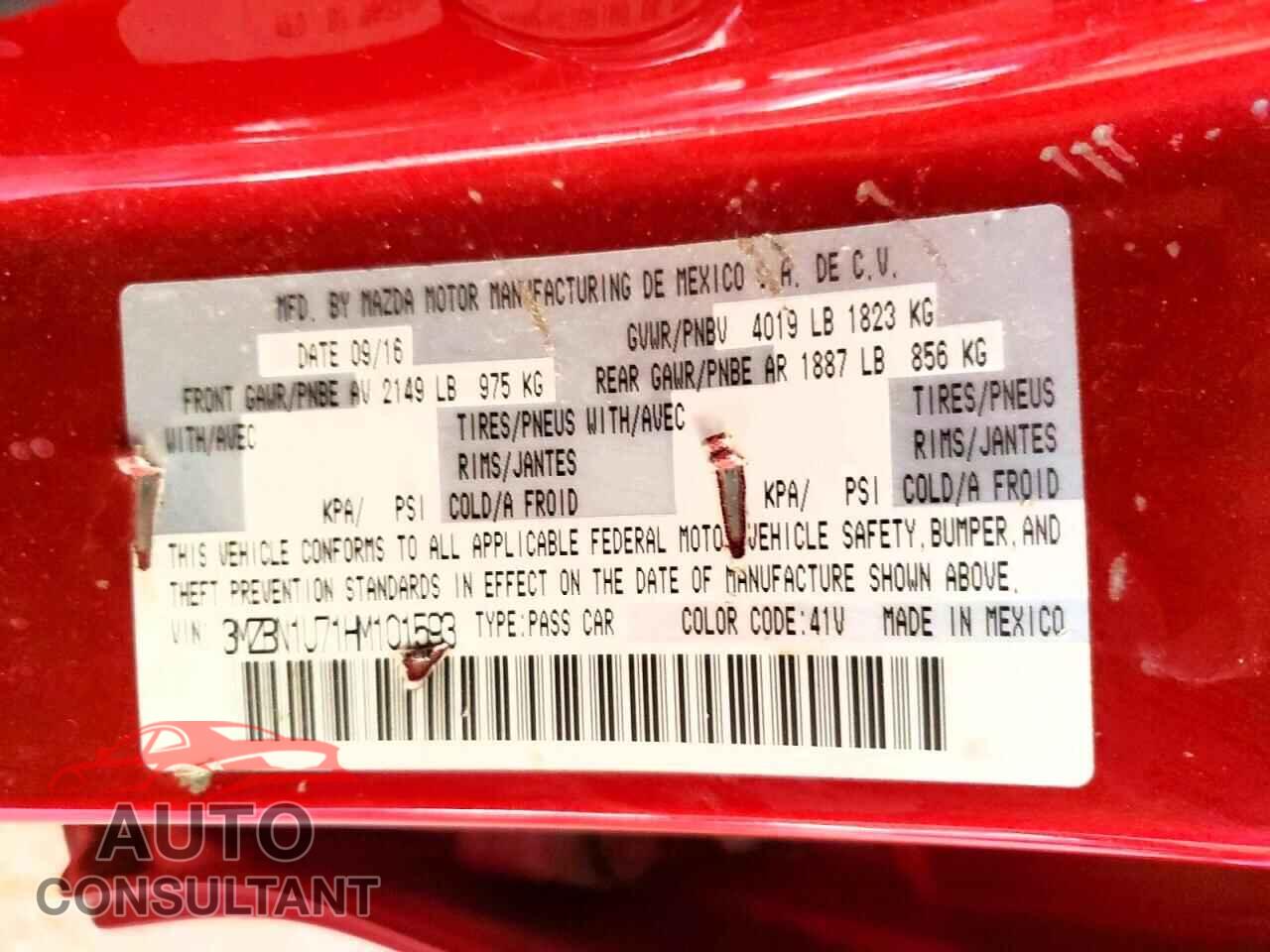 MAZDA 3 2017 - 3MZBN1U71HM101593