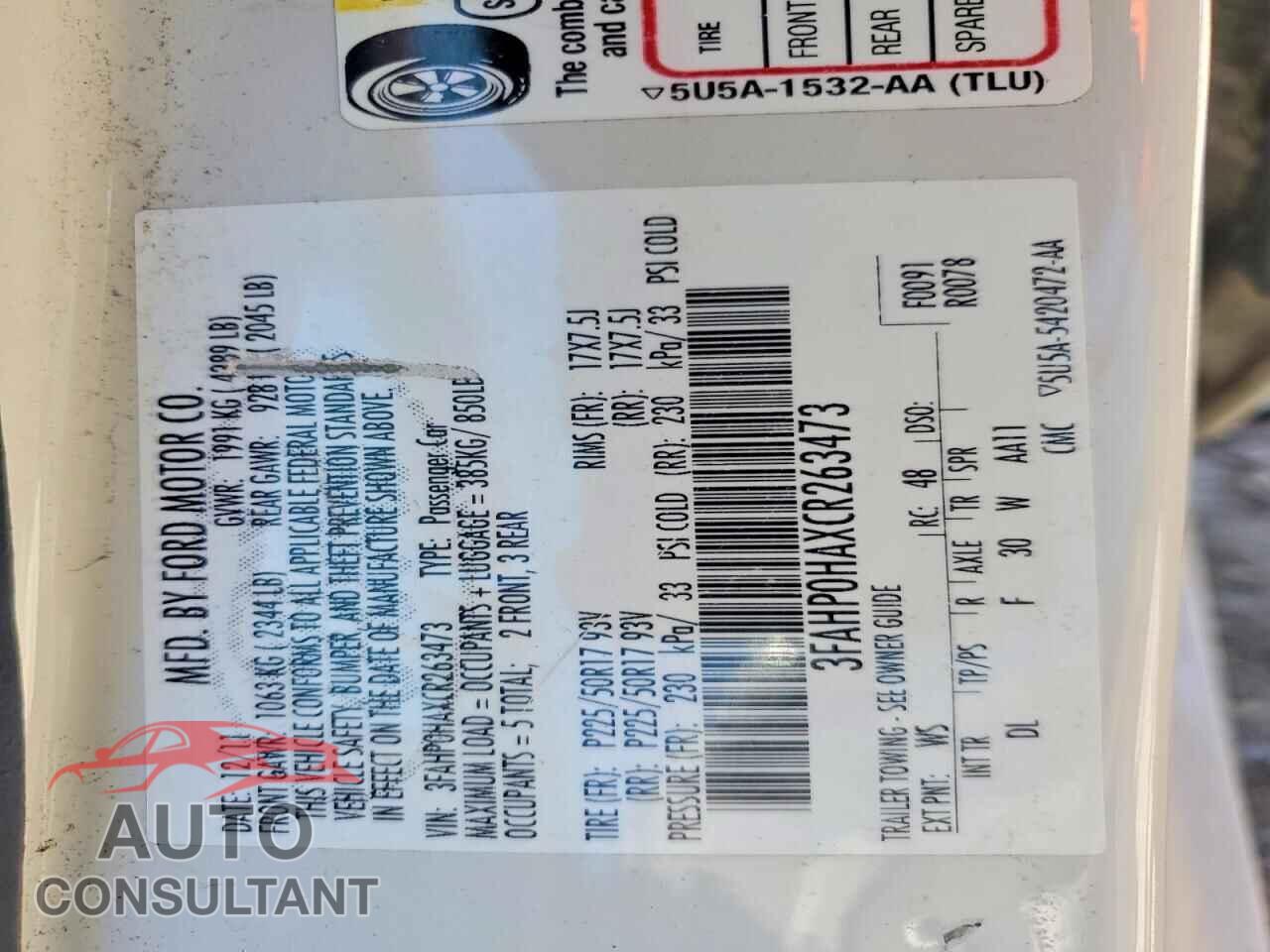 FORD FUSION 2012 - 3FAHP0HAXCR263473