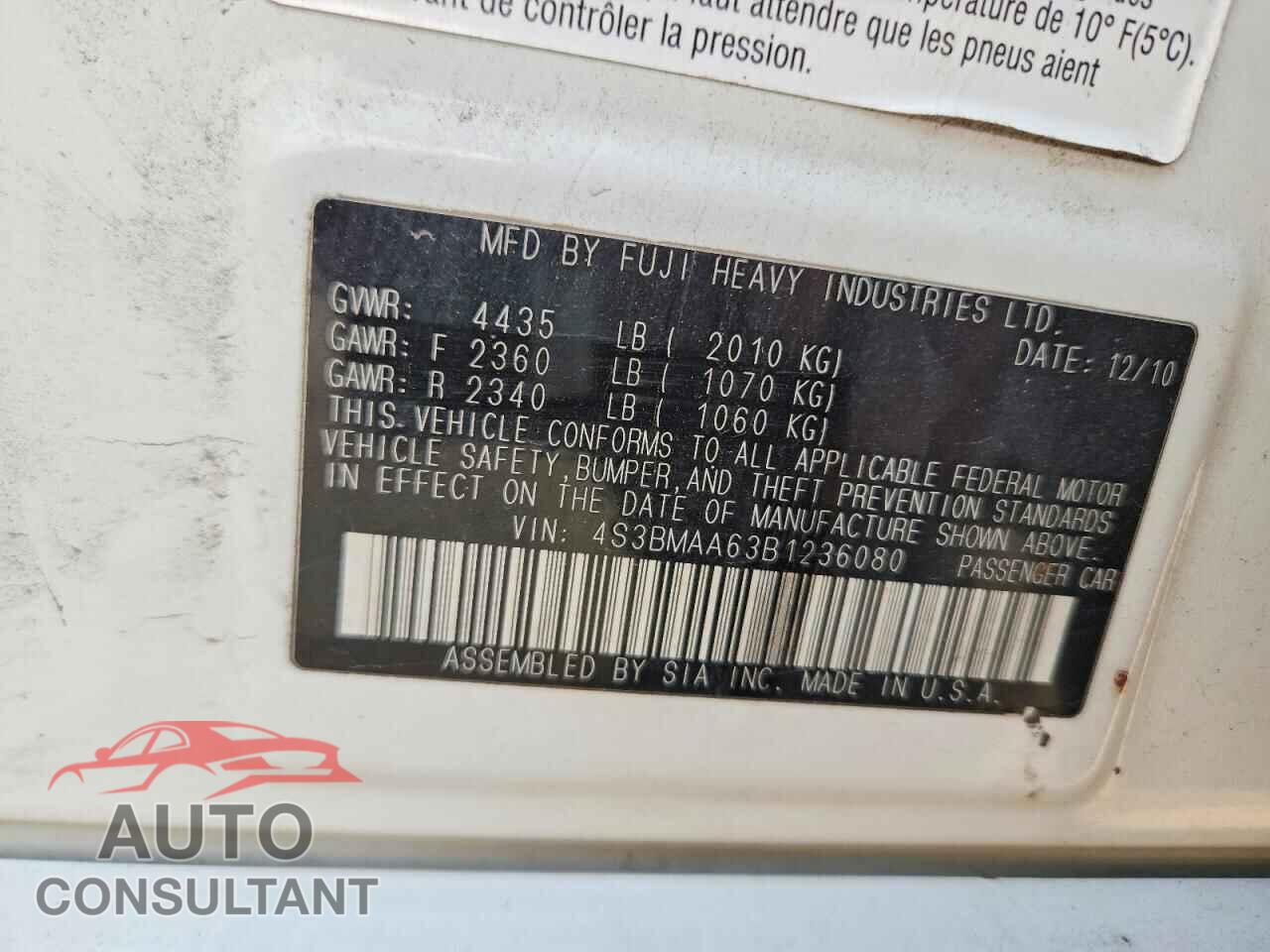 SUBARU LEGACY 2011 - 4S3BMAA63B1236080