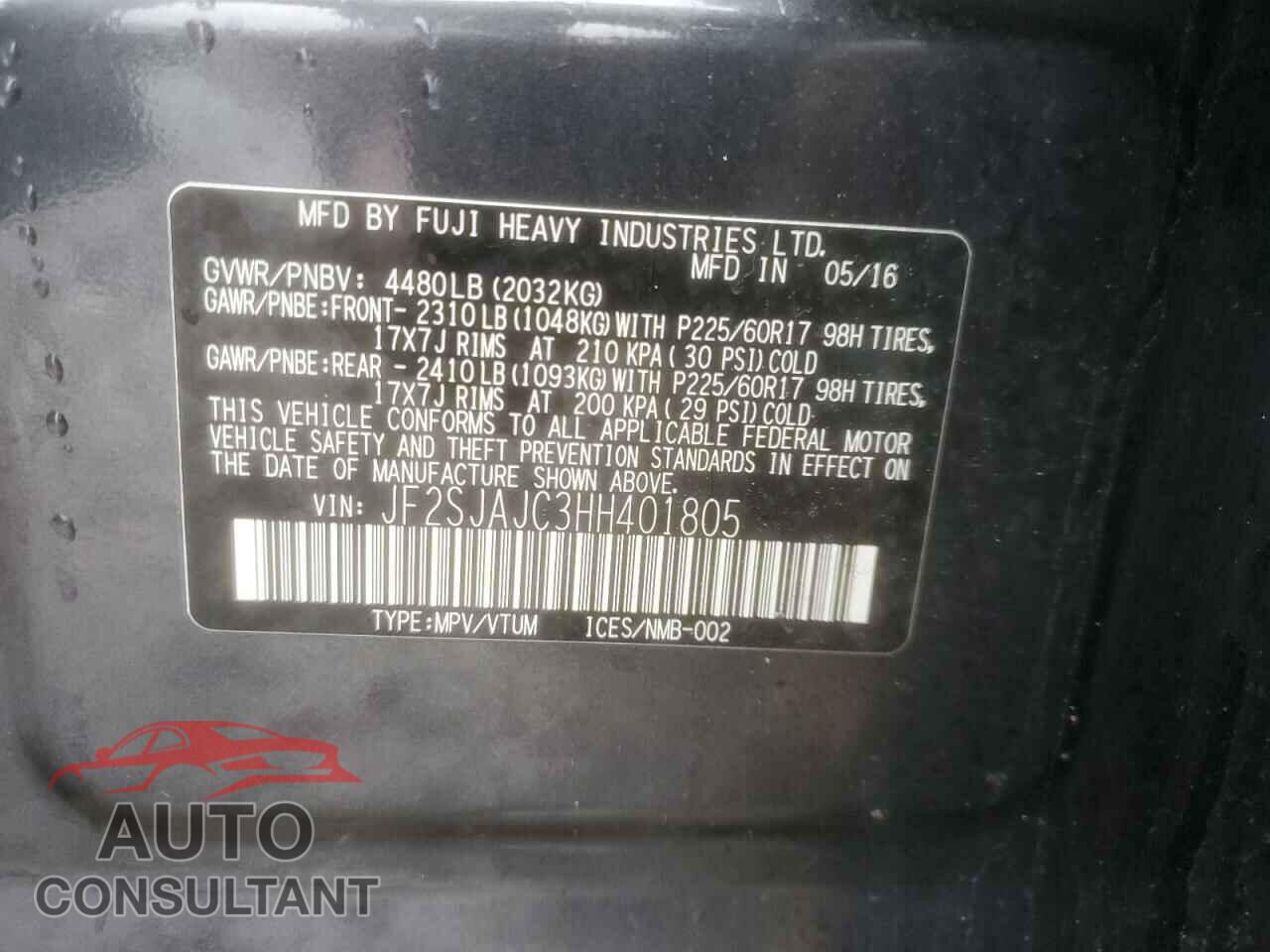 SUBARU FORESTER 2017 - JF2SJAJC3HH401805