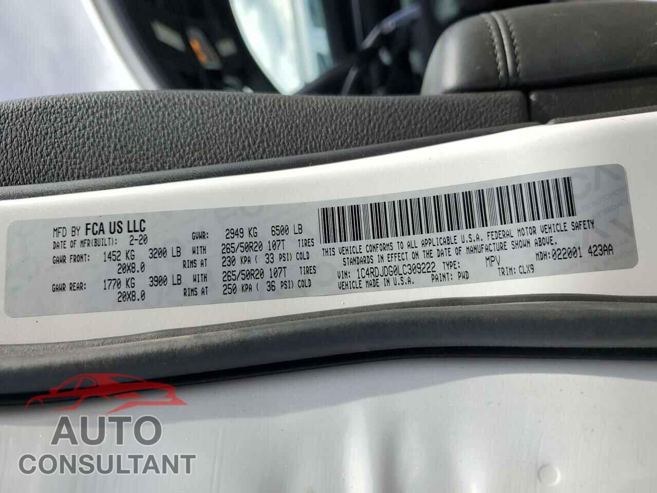 DODGE DURANGO 2020 - 1C4RDJDG0LC309222