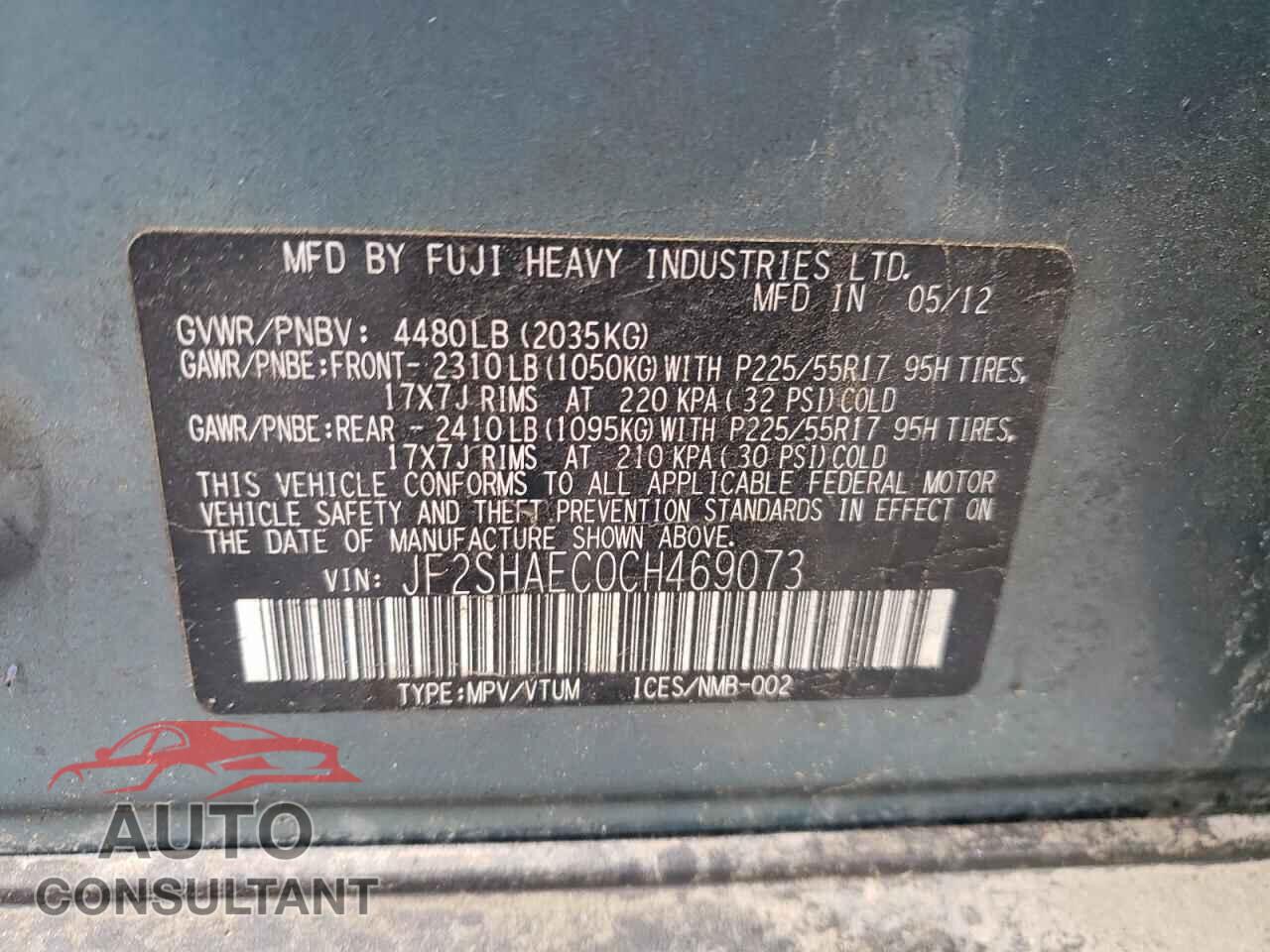 SUBARU FORESTER 2012 - JF2SHAEC0CH469073