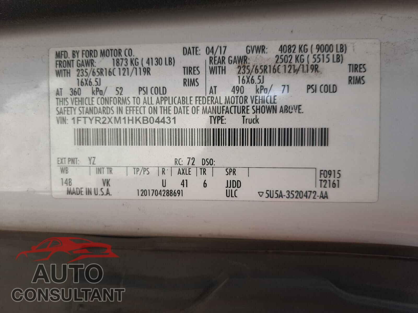 FORD TRANSIT CO 2017 - 1FTYR2XM1HKB04431