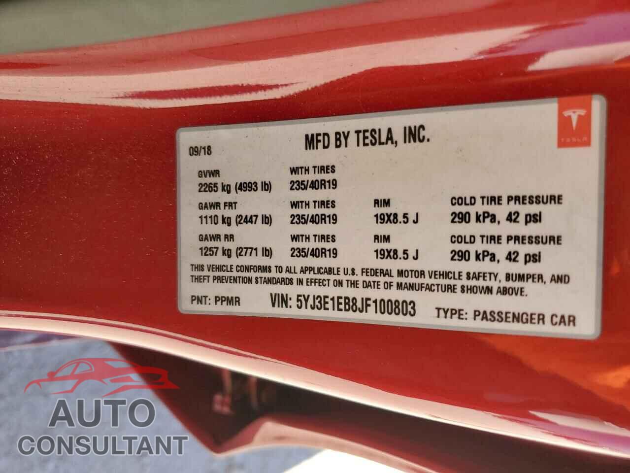 TESLA MODEL 3 2018 - 5YJ3E1EB8JF100803