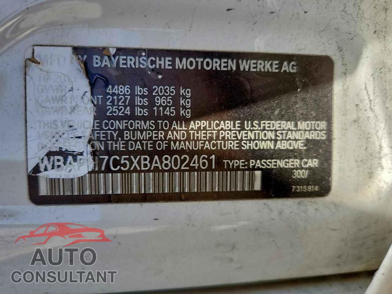 BMW 3 SERIES 2011 - WBAPH7C5XBA802461