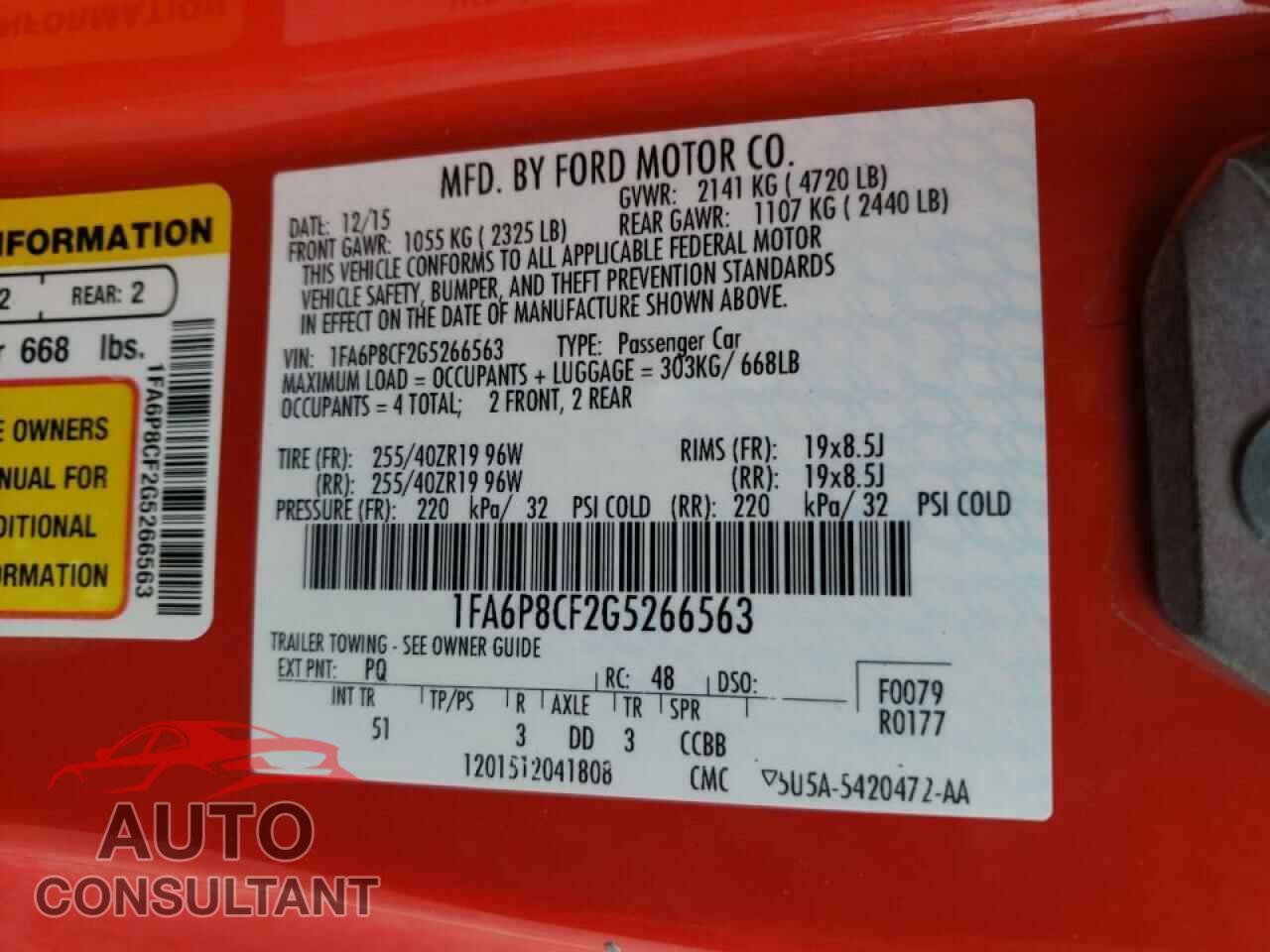 FORD MUSTANG 2016 - 1FA6P8CF2G5266563