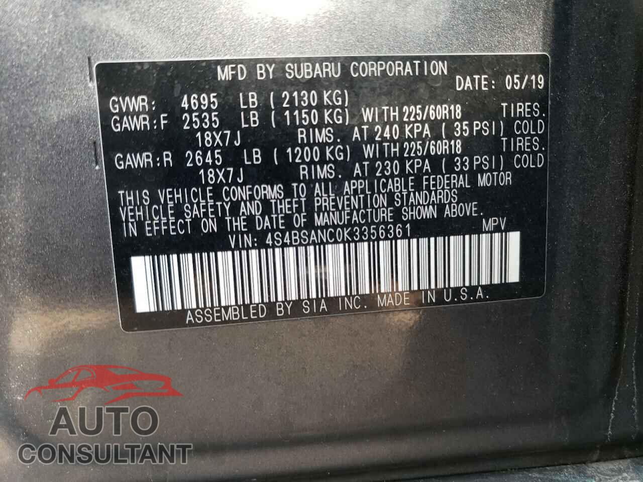 SUBARU OUTBACK 2019 - 4S4BSANC0K3356361
