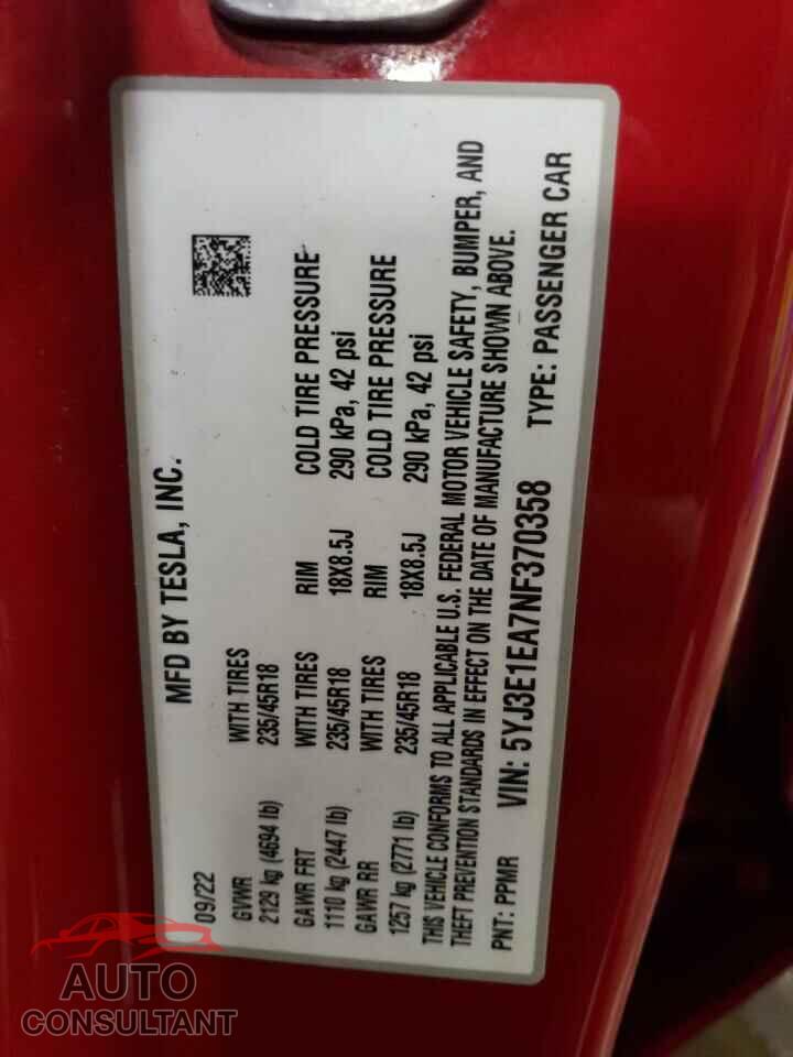 TESLA MODEL 3 2022 - 5YJ3E1EA7NF370358