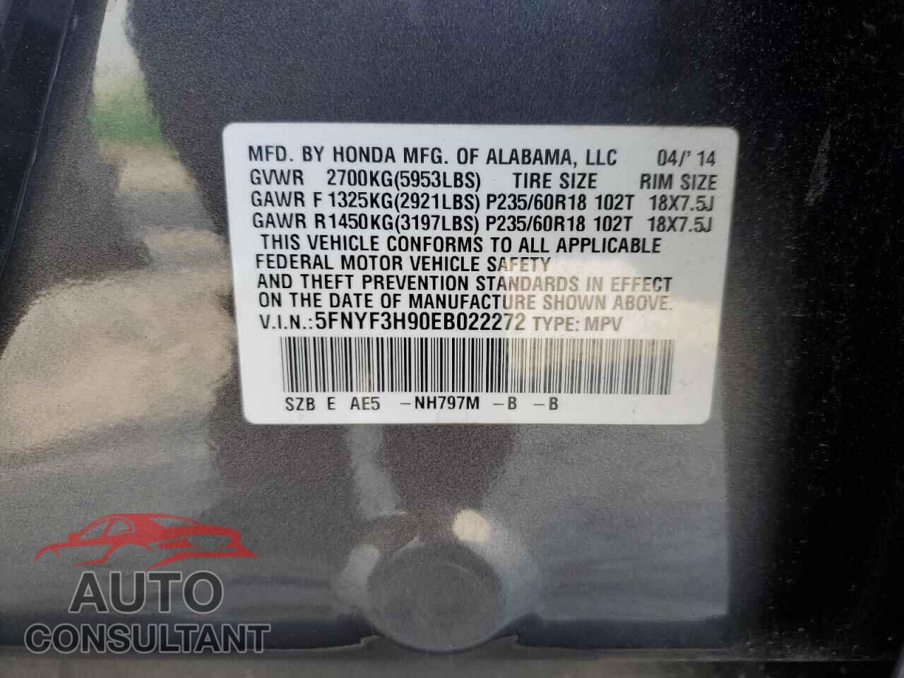 HONDA PILOT 2014 - 5FNYF3H90EB022272